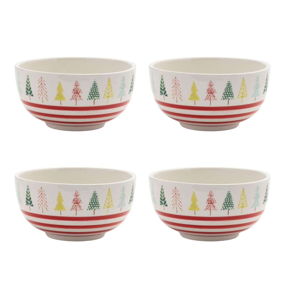 Set of Four 6" White Green And Red Ceramic Christmas Trees Round Candy or Nut Bowls HomeRoots