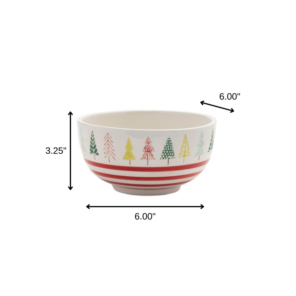 Set of Four 6" White Green And Red Ceramic Christmas Trees Round Candy or Nut Bowls HomeRoots