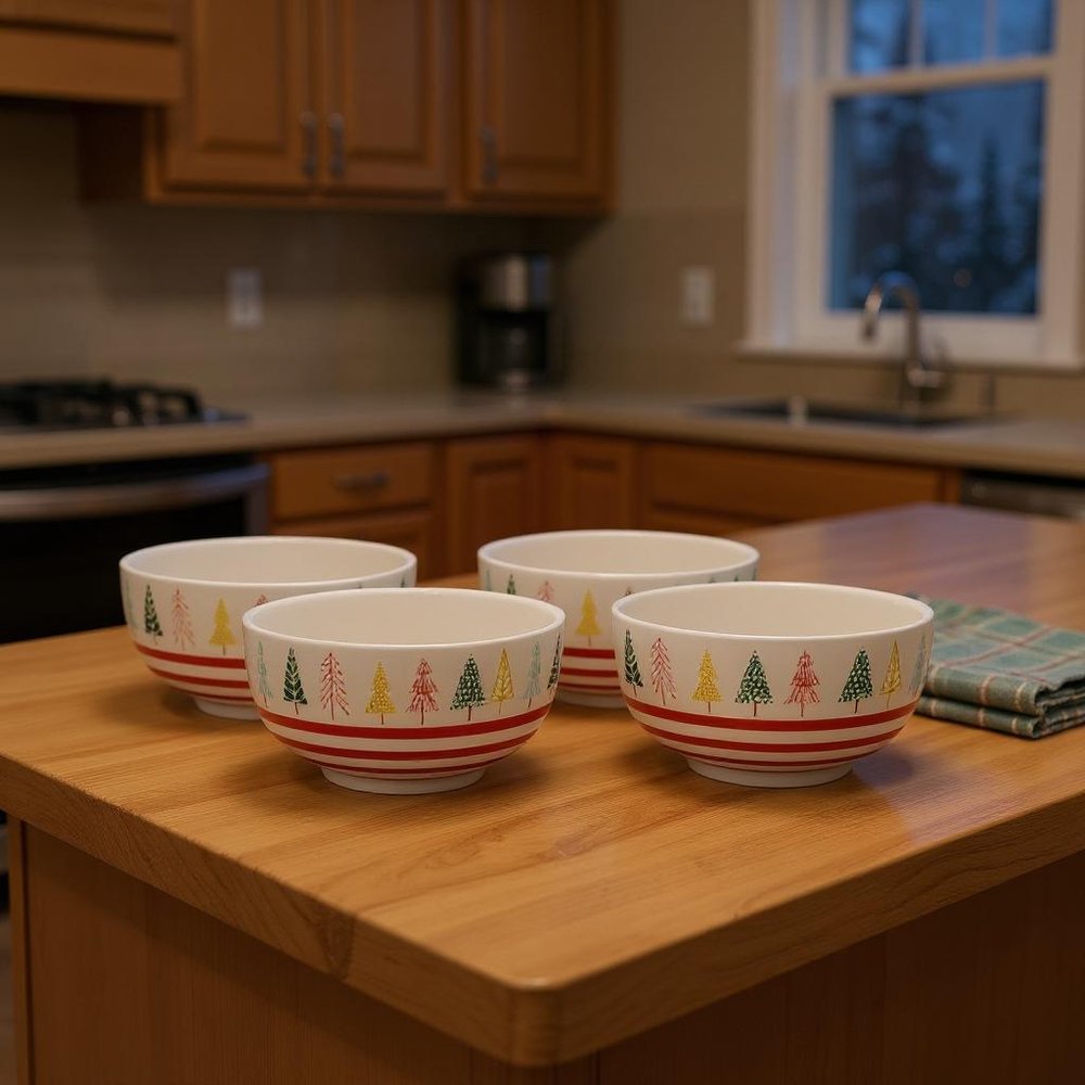 Set of Four 6" White Green And Red Ceramic Christmas Trees Round Candy or Nut Bowls HomeRoots