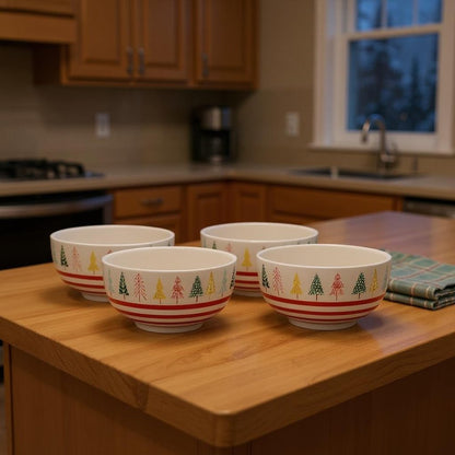 Set of Four 6" White Green And Red Ceramic Christmas Trees Round Candy or Nut Bowls HomeRoots