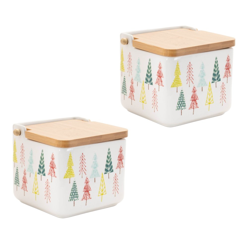 Set of Two White Green And Red Ceramic And Wood Christmas Lidded Canisters HomeRoots