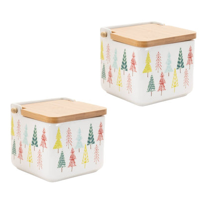 Set of Two White Green And Red Ceramic And Wood Christmas Lidded Canisters HomeRoots