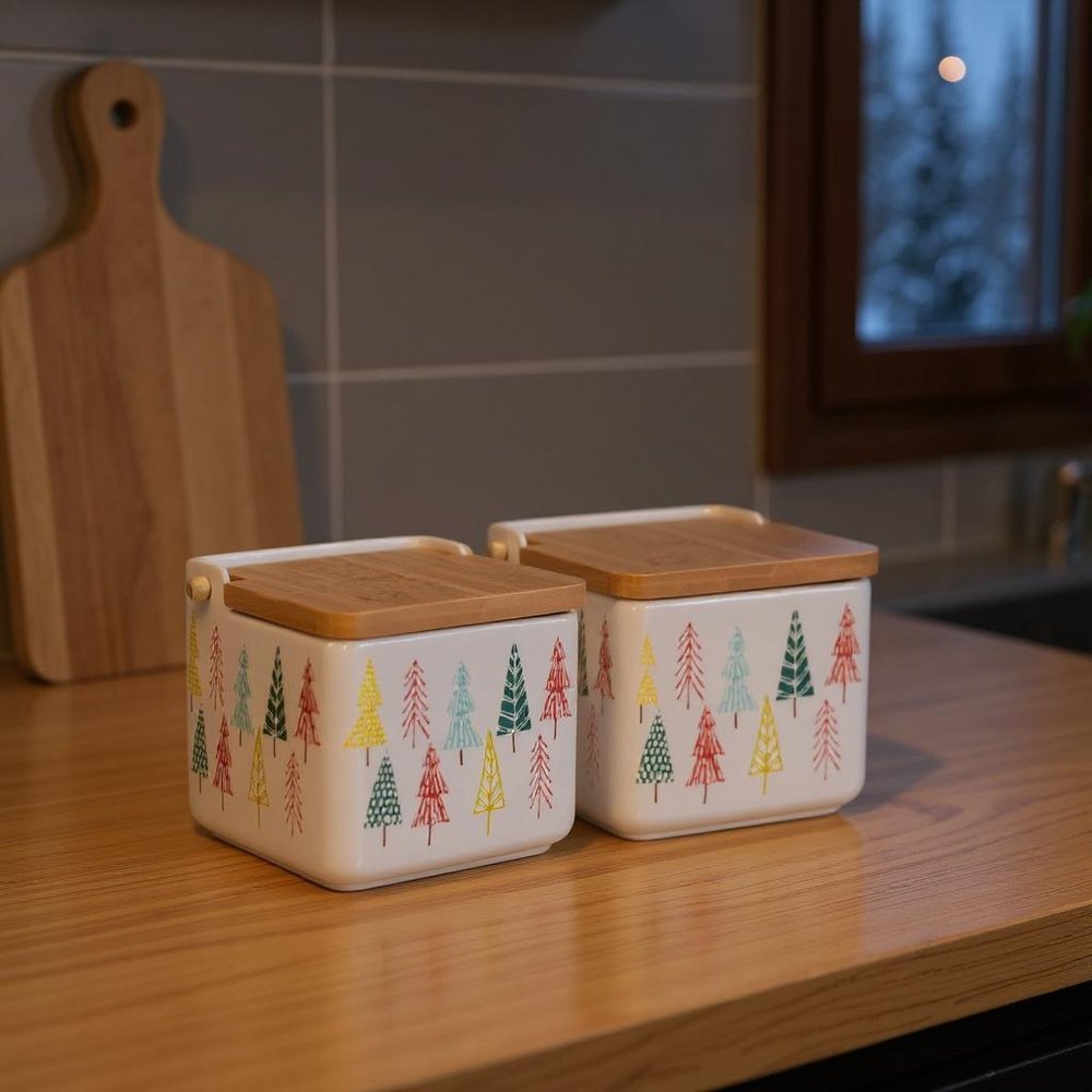 Set of Two White Green And Red Ceramic And Wood Christmas Lidded Canisters HomeRoots