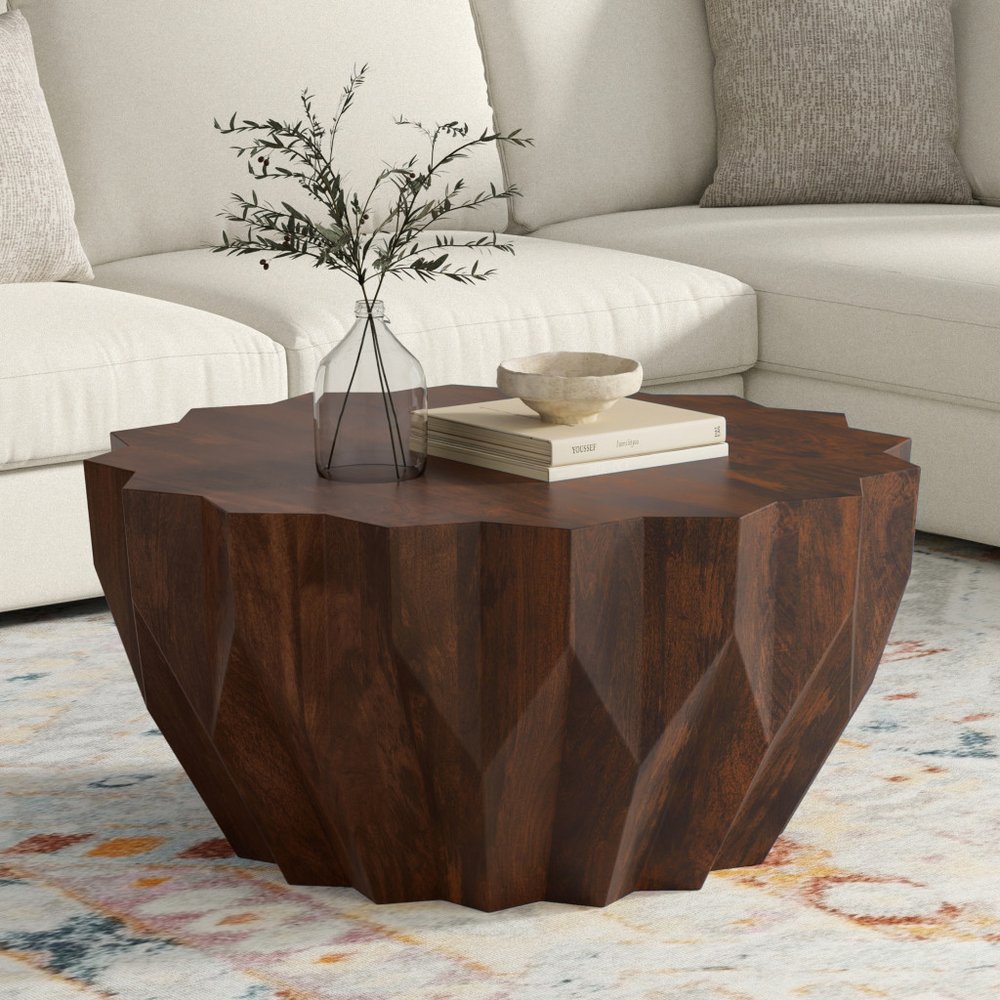 34" Walnut Solid Wood Free Form Solid Coffee Table HomeRoots