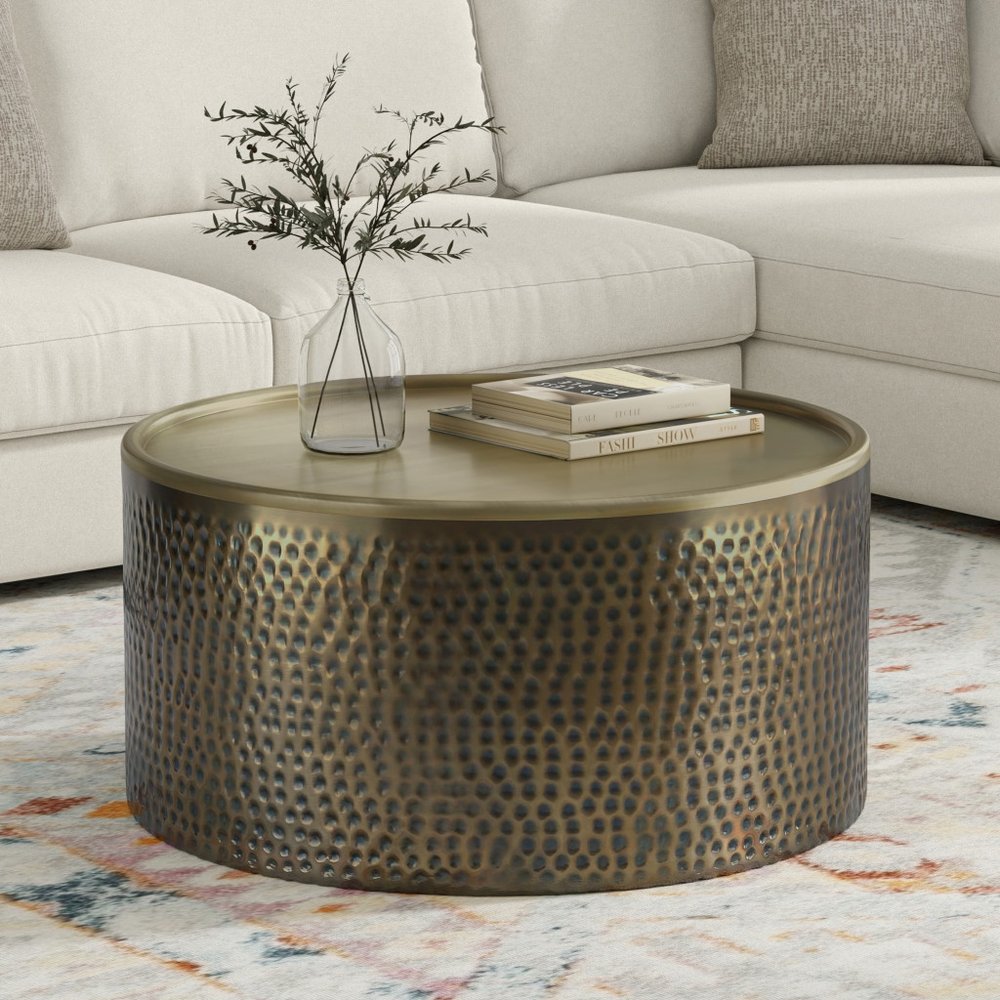 32" Antiqued Gold Iron Round Solid Coffee Table HomeRoots