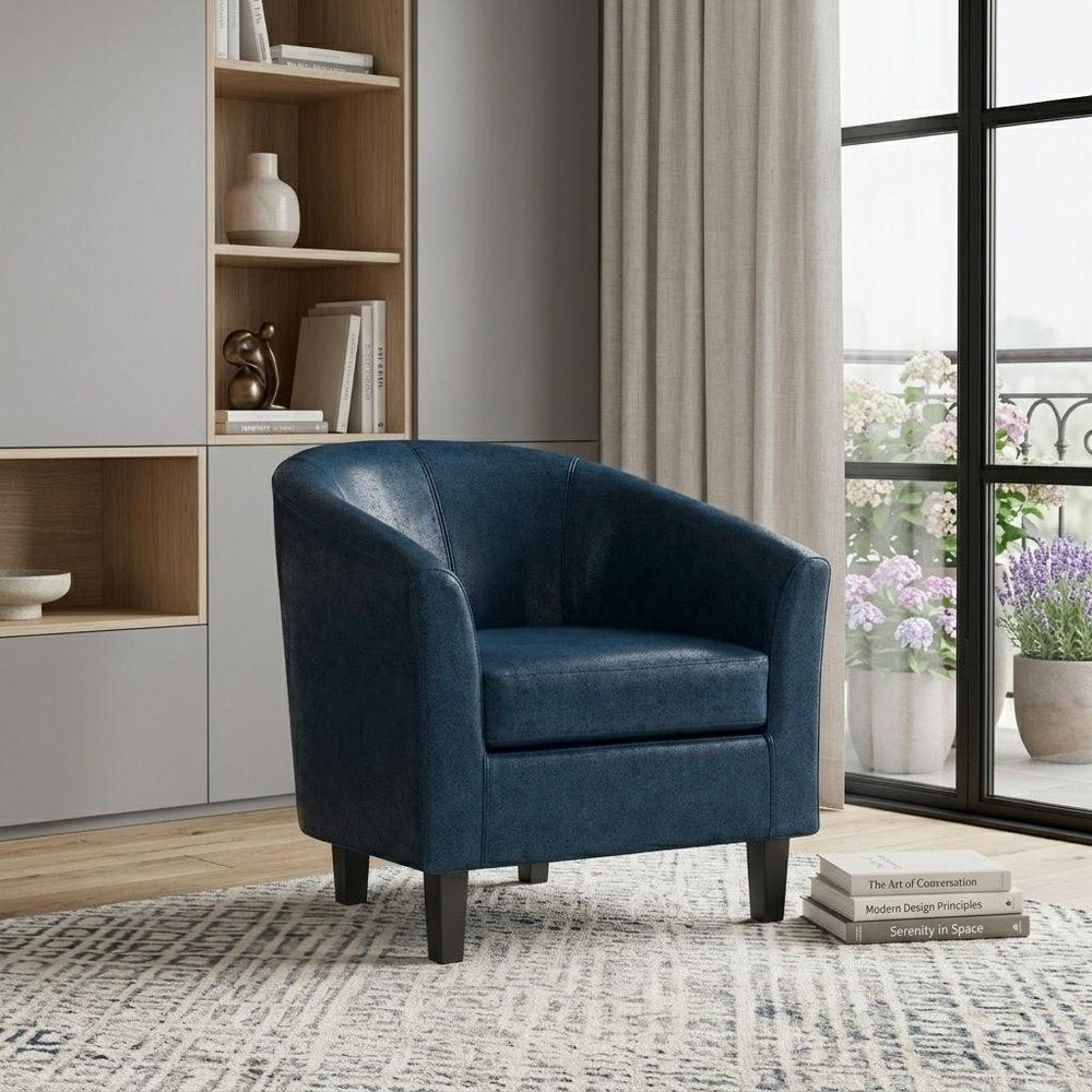 30" Blue and Dark Brown Leather Arm Chair HomeRoots