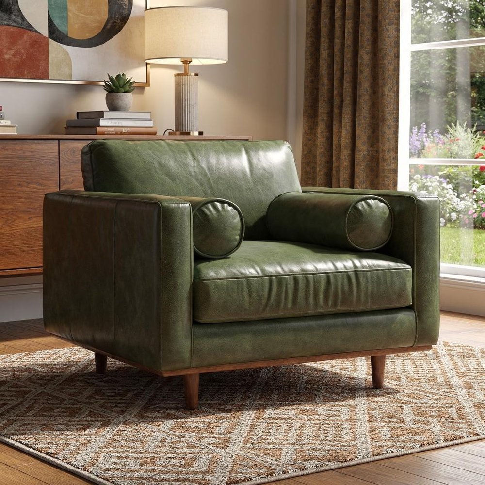 43" Green and Brown Leather Arm Chair HomeRoots