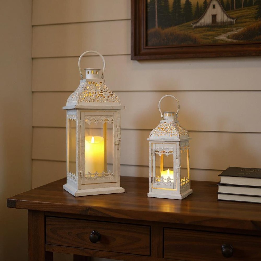 Set of Two Cream Distressed Filigree Metal Tabletop Lantern Candle Holders HomeRoots