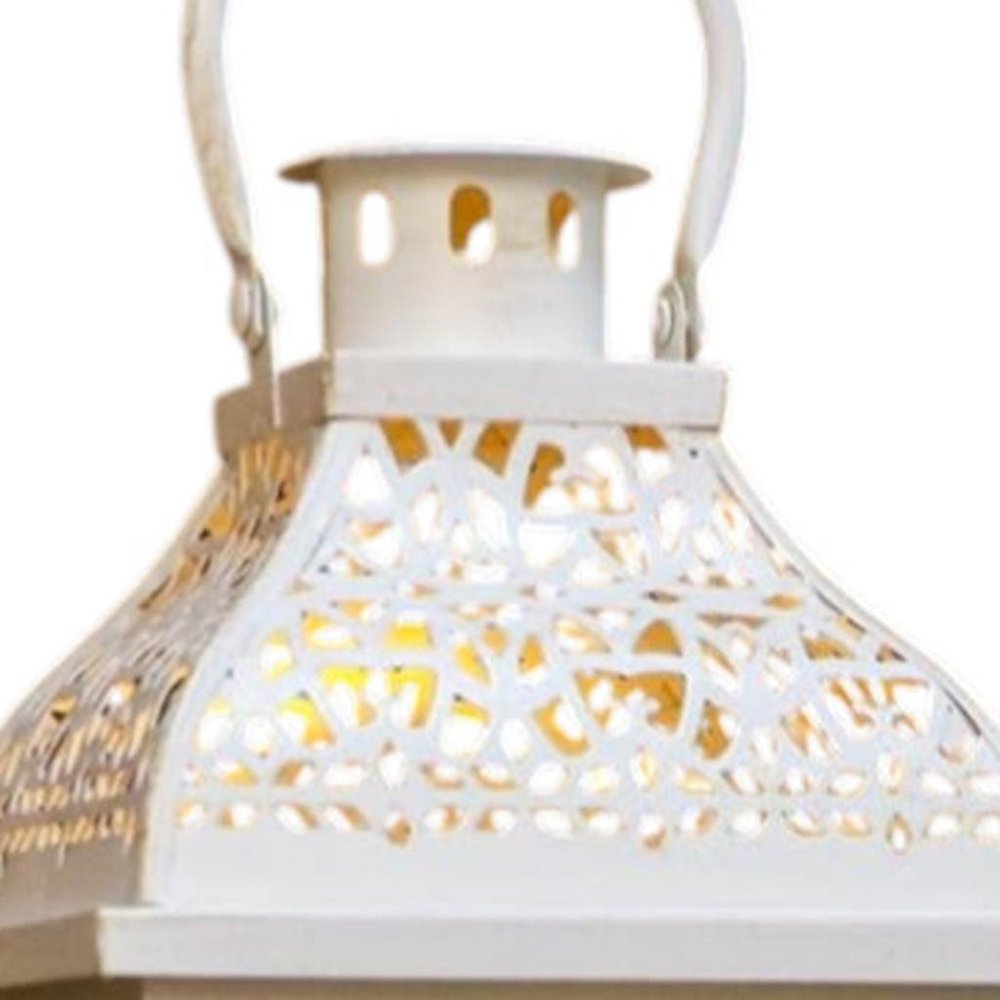 Set of Two Cream Distressed Filigree Metal Tabletop Lantern Candle Holders HomeRoots