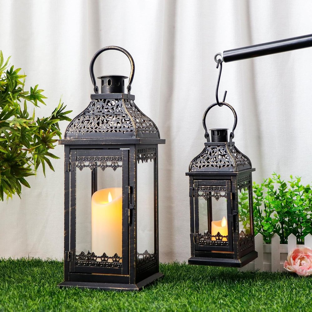 Set of Two Black Distressed Filigree Metal Tabletop Lantern Candle Holders HomeRoots