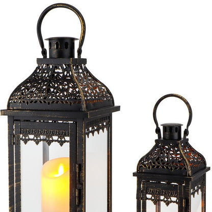 Set of Two Black Distressed Filigree Metal Tabletop Lantern Candle Holders HomeRoots