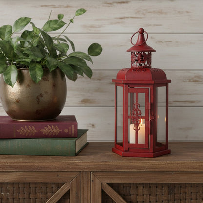 10" Red Distressed Filigree Metal Tabletop Lantern Candle Holder HomeRoots