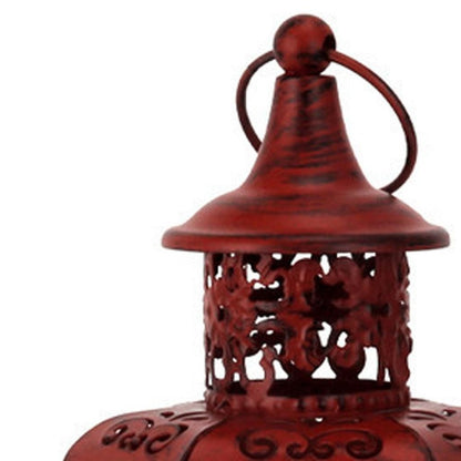 10" Red Distressed Filigree Metal Tabletop Lantern Candle Holder HomeRoots