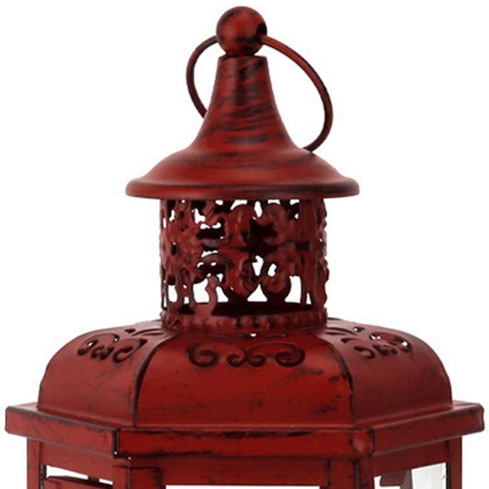 10" Red Distressed Filigree Metal Tabletop Lantern Candle Holder HomeRoots