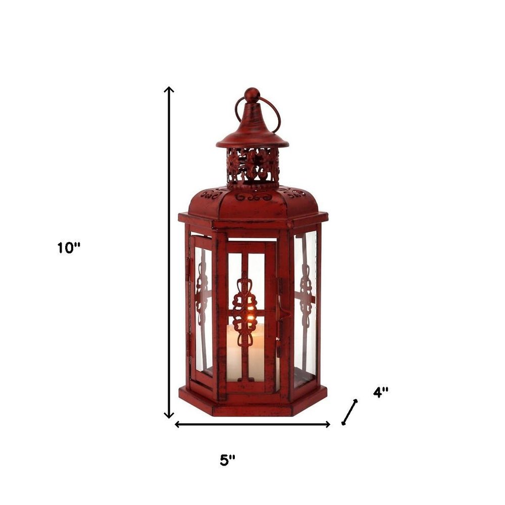 10" Red Distressed Filigree Metal Tabletop Lantern Candle Holder HomeRoots