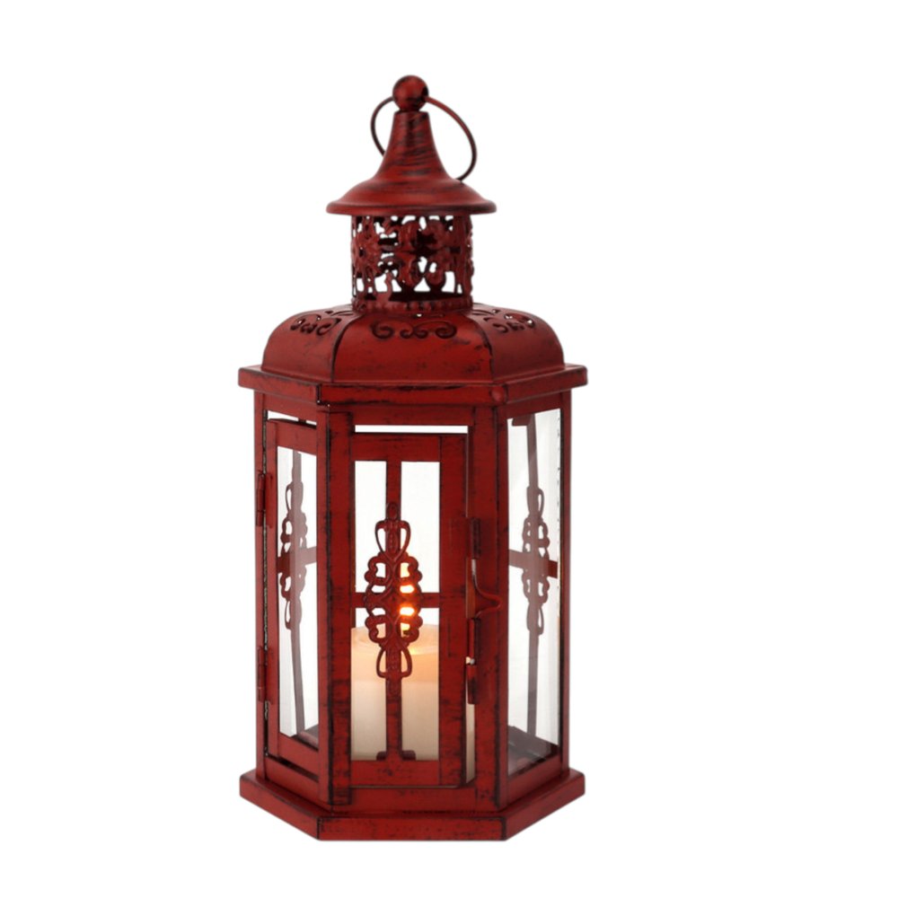 10" Red Distressed Filigree Metal Tabletop Lantern Candle Holder HomeRoots