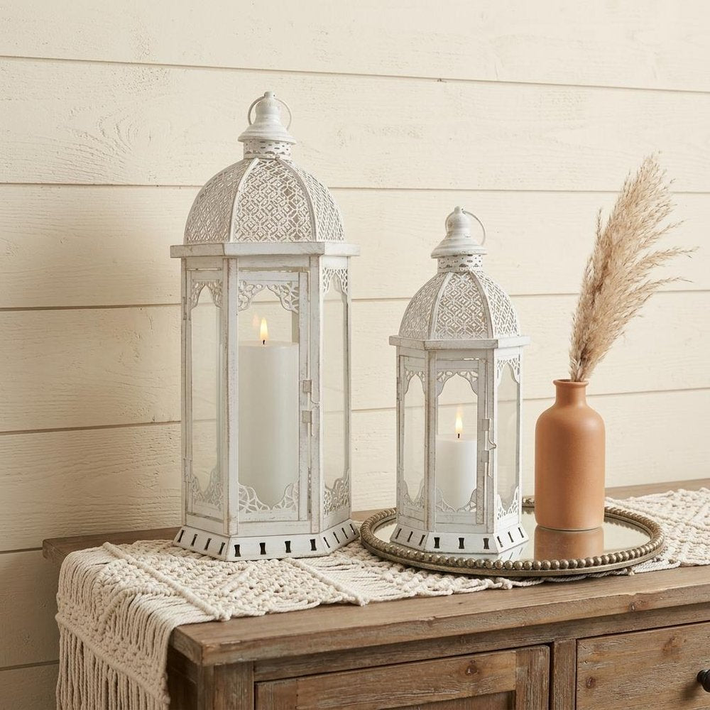 Set of Two White Distressed Ornate Metal Tabletop Lantern Candle Holders HomeRoots