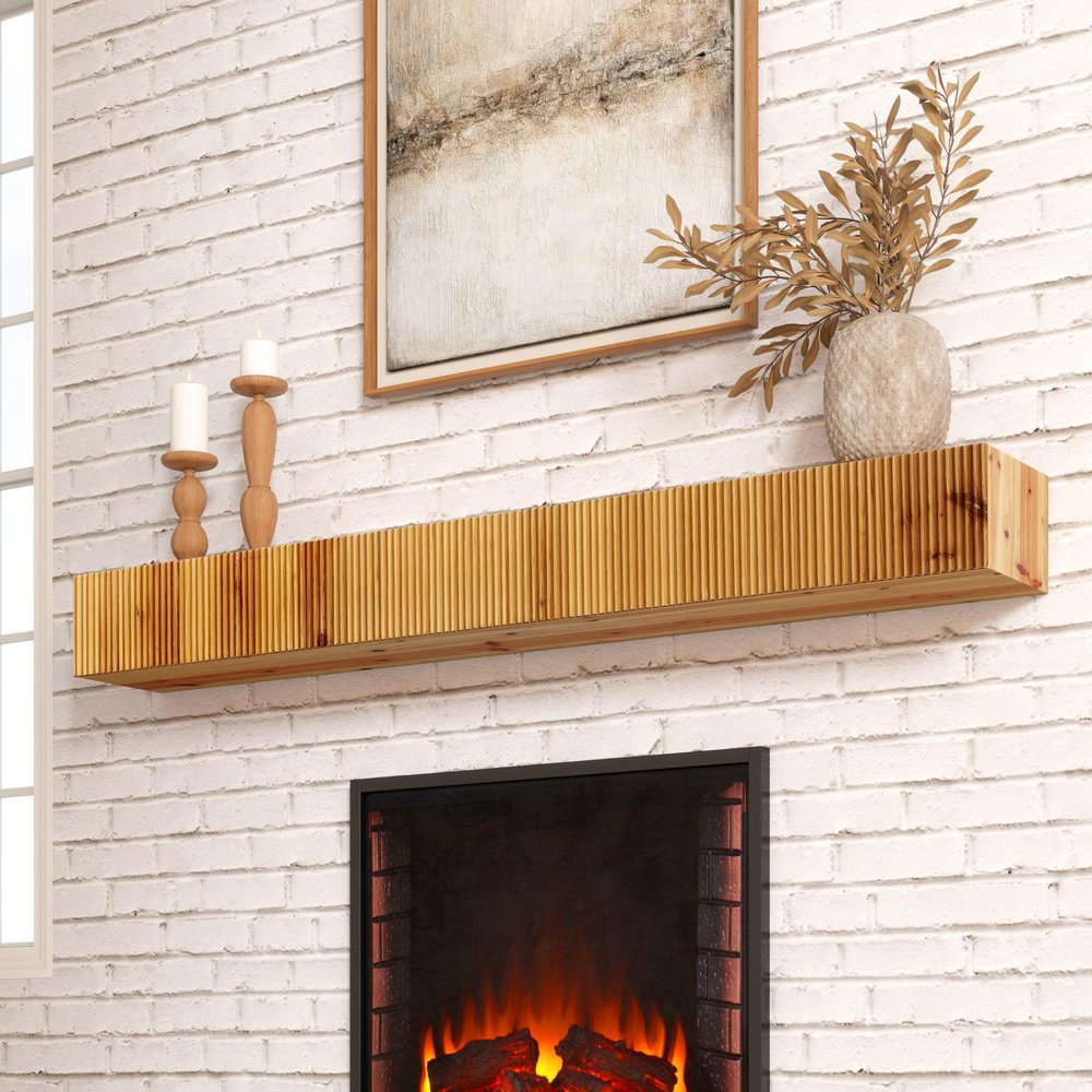 59" Natural Ribbed Texture Solid Wood Wall Mounted Mantel Floating Shelf — view 6