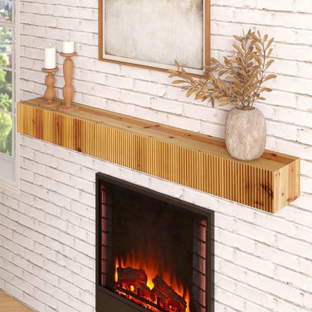 59" Natural Ribbed Texture Solid Wood Wall Mounted Mantel Floating Shelf — view 7