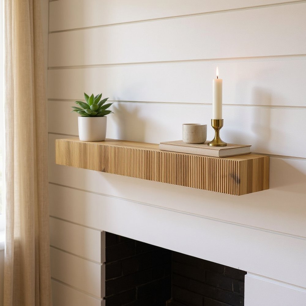 59" Natural Ribbed Texture Solid Wood Wall Mounted Mantel Floating Shelf — view 1