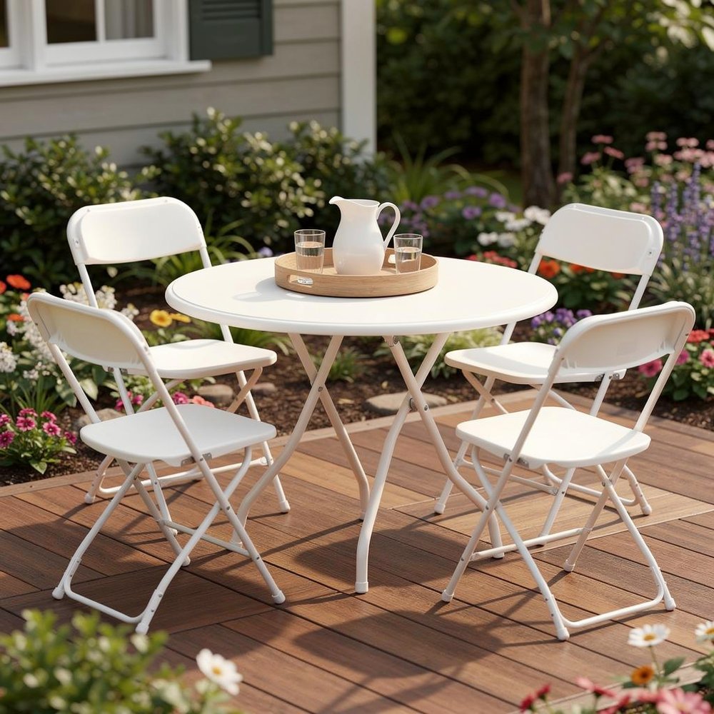 Set of Four White Metal Outdoor Folding Stacking Dining Chairs HomeRoots