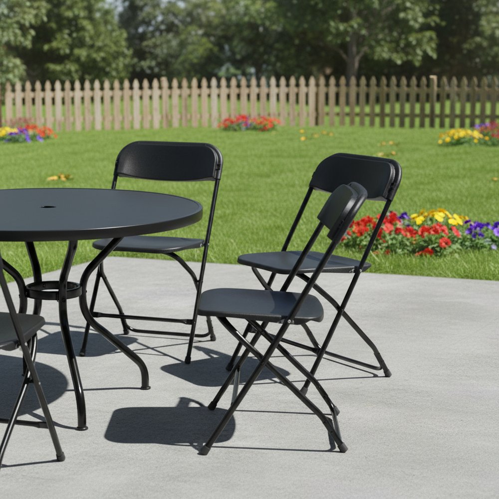 Set of Four Black Metal Outdoor Folding Stacking Dining Chairs HomeRoots