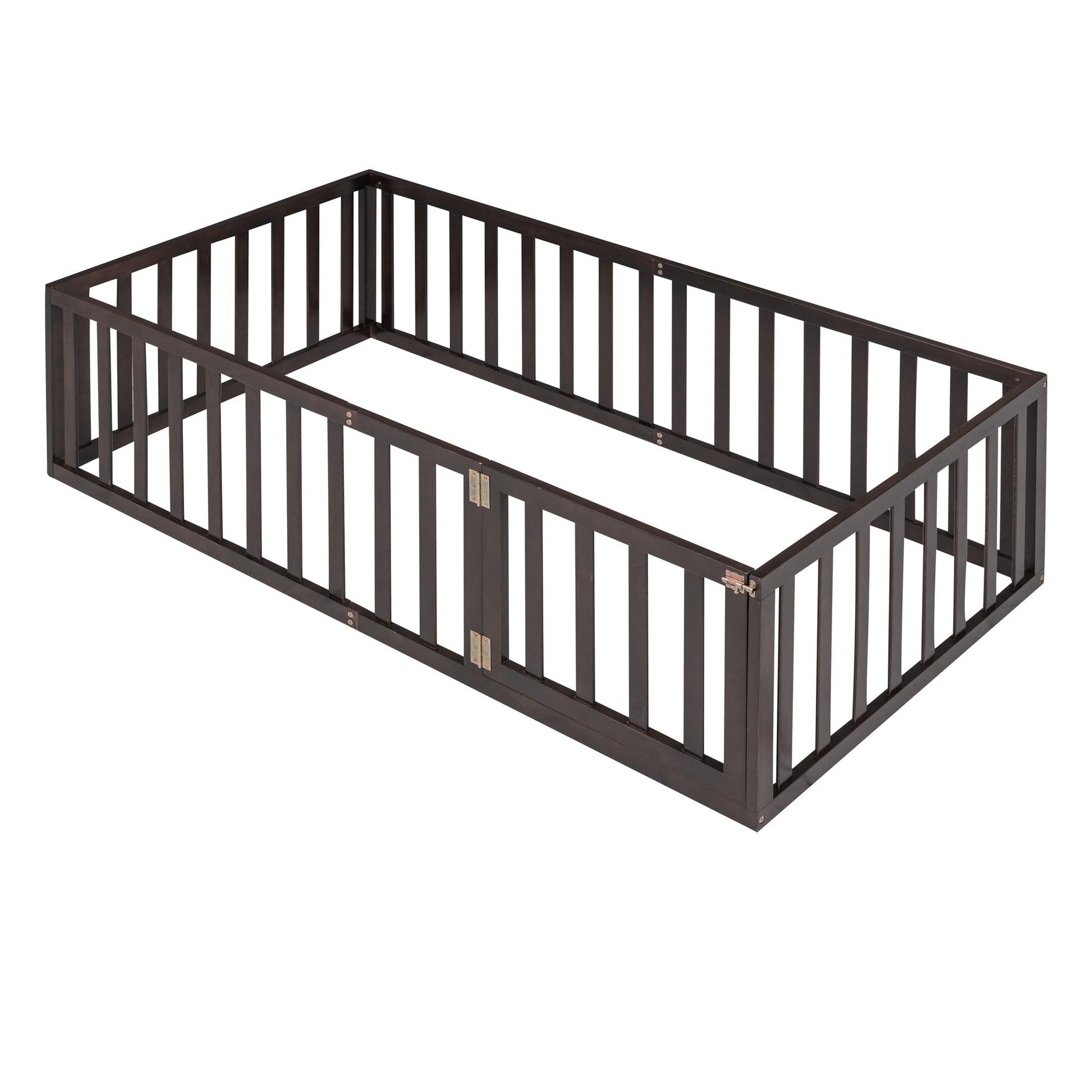 Twin Size Wood Floor Bed Frame with Fence and Door Walnut - FurniFindUSA