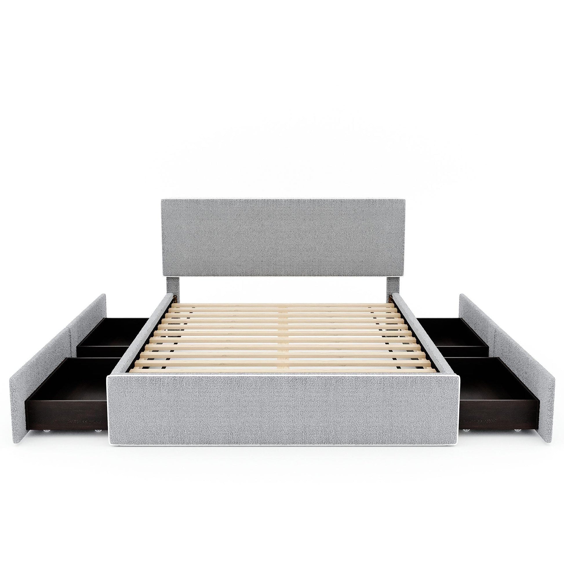 Upholstered Platform Bed with 4 Drawers and White Edge on the Headboard & Footboard, Gray - FurniFindUSA