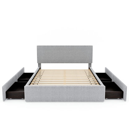 Upholstered Platform Bed with 4 Drawers and White Edge on the Headboard & Footboard, Gray - FurniFindUSA