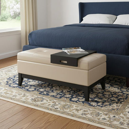 42" Cream And Dark Brown Tufted Faux Leather And Solid Wood Upholstered Storage Bedroom Stool With Flip Top HomeRoots