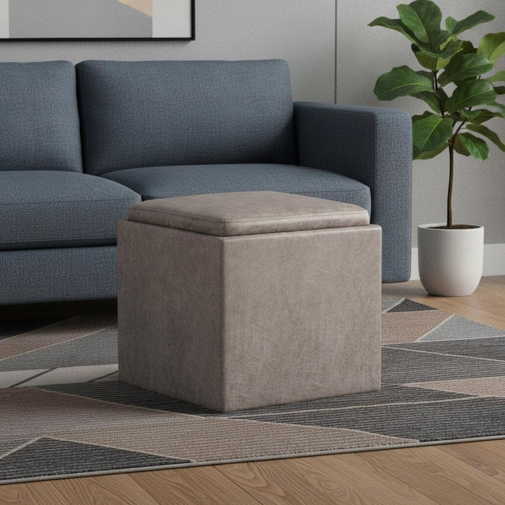 17" Brown Faux Leather Cube Ottoman With Storage HomeRoots