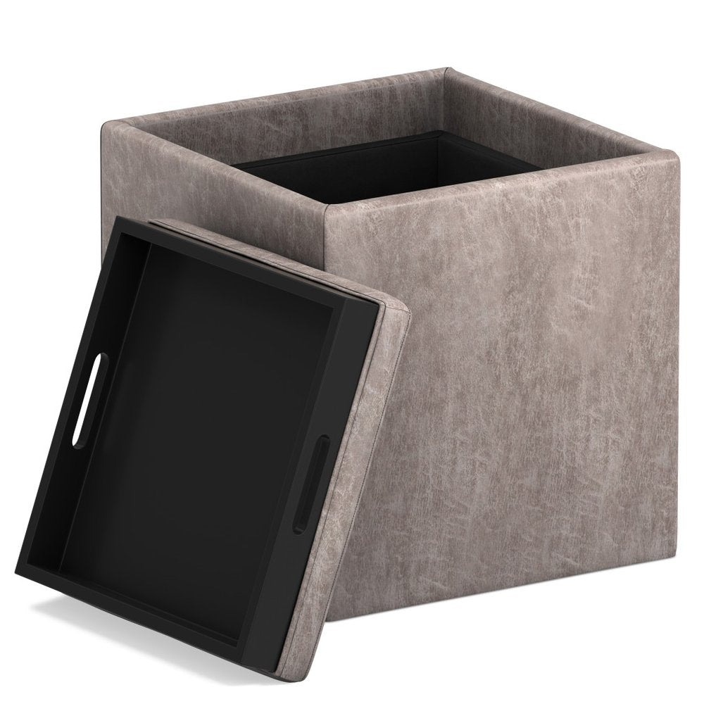17" Brown Faux Leather Cube Ottoman With Storage — view 2