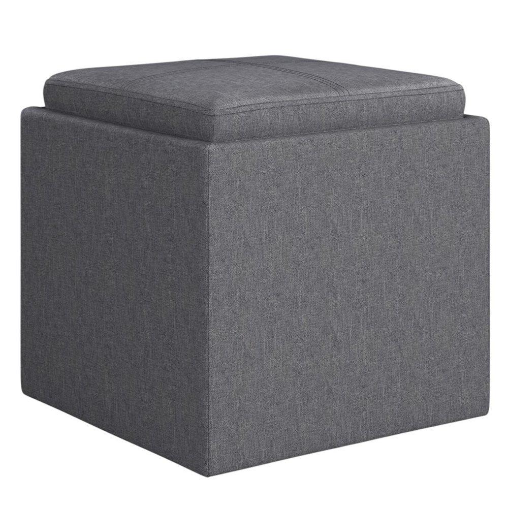 17" Slate Gray Linen Cube Ottoman With Storage — view 8