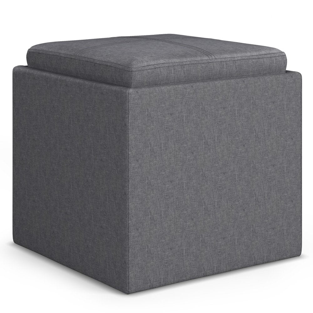 17" Slate Gray Linen Cube Ottoman With Storage — view 1