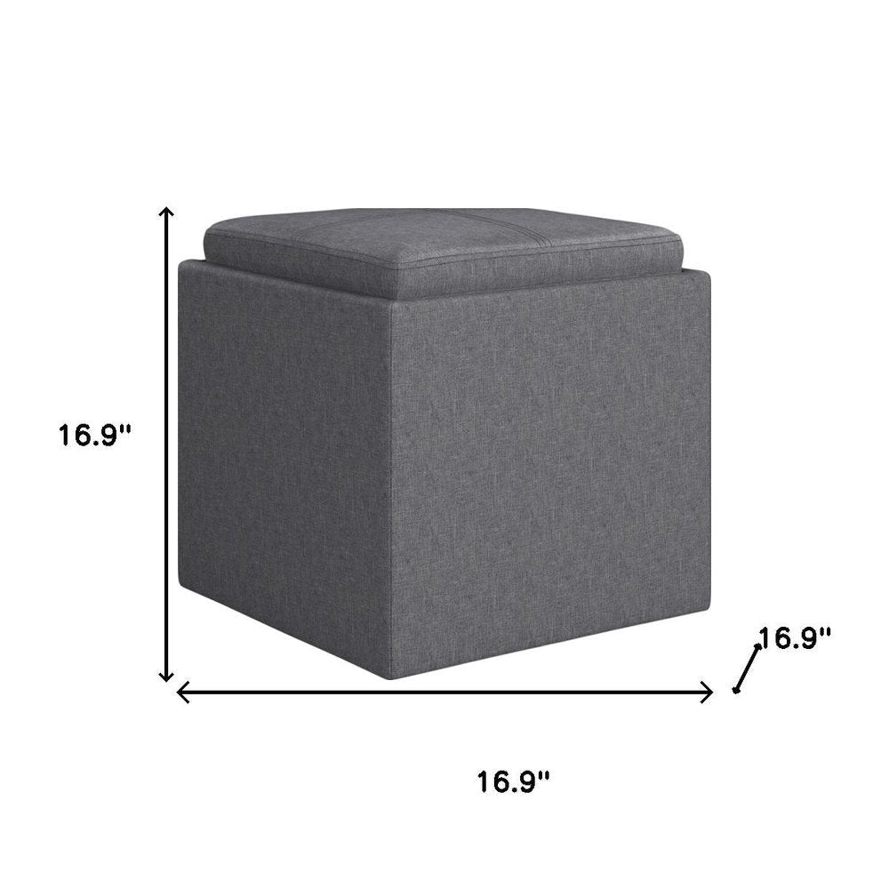 17" Slate Gray Linen Cube Ottoman With Storage — view 9