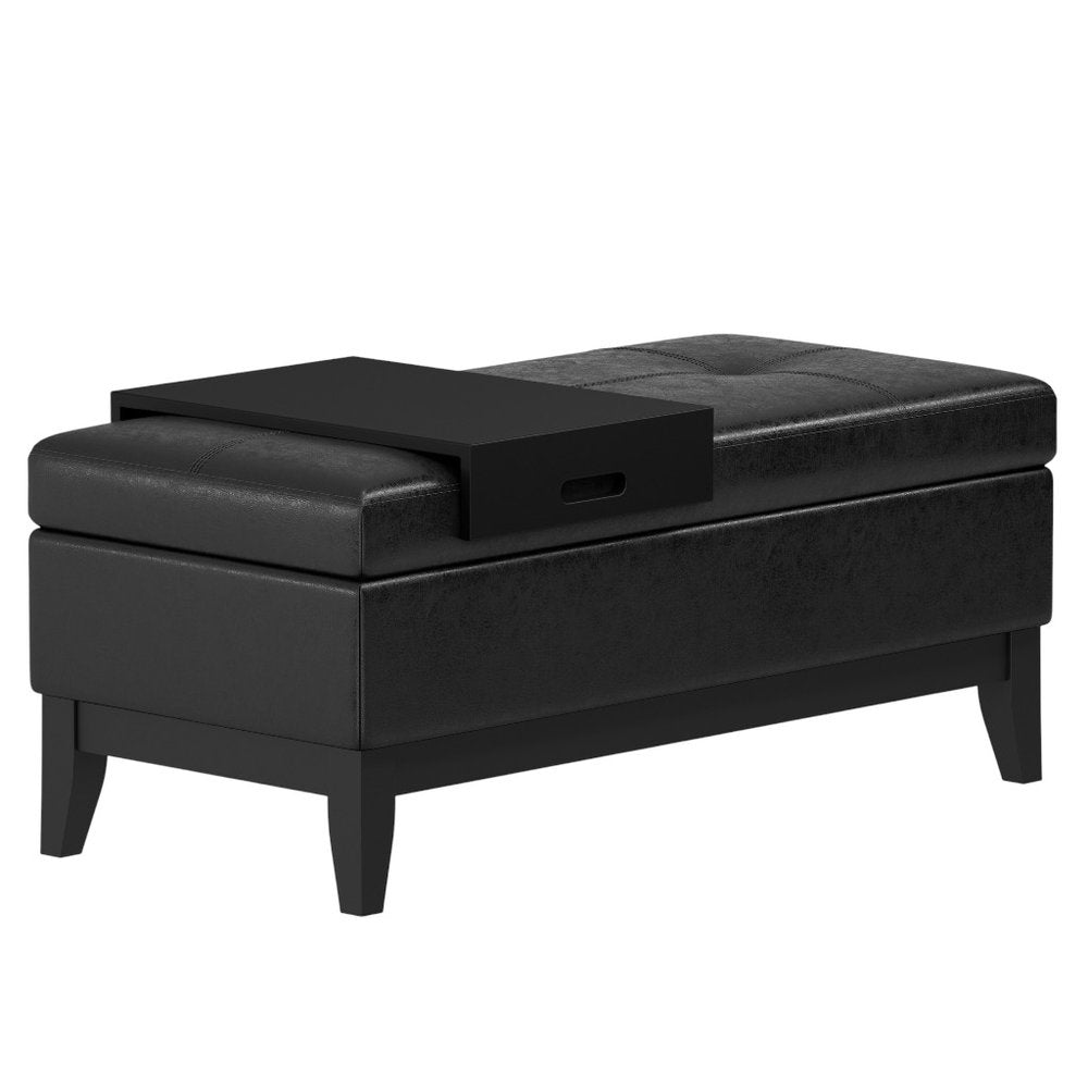 42" Black And Dark Brown Tufted Faux Leather And Solid Wood Upholstered Distressed Storage Bedroom Stool With Flip Top