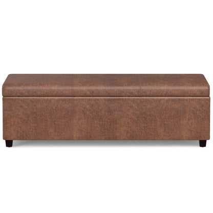 54" Saddle Brown And Dark Brown Faux Leather And Solid Wood Upholstered Storage Bench With Flip Top