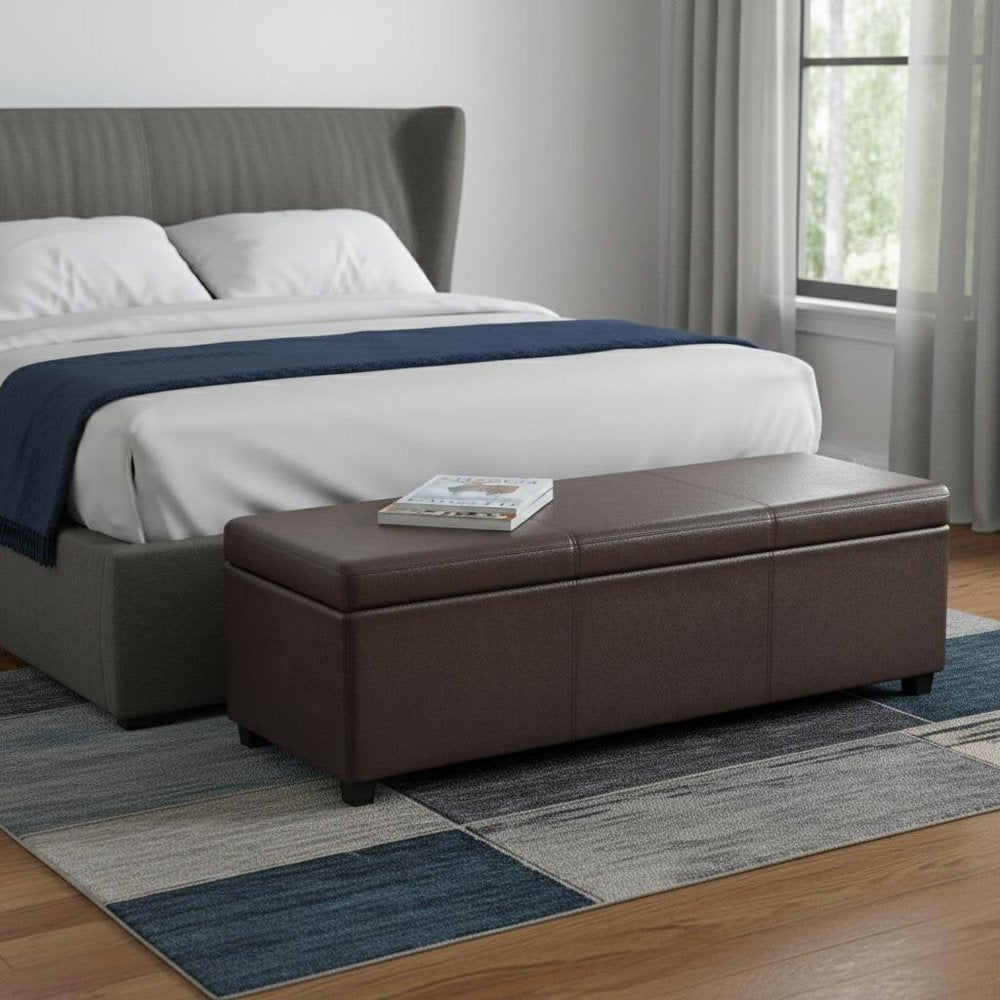 54" Saddle Brown And Dark Brown Faux Leather And Solid Wood Upholstered Storage Bench With Flip Top — view 14
