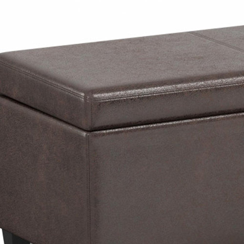 54" Saddle Brown And Dark Brown Faux Leather And Solid Wood Upholstered Storage Bench With Flip Top
