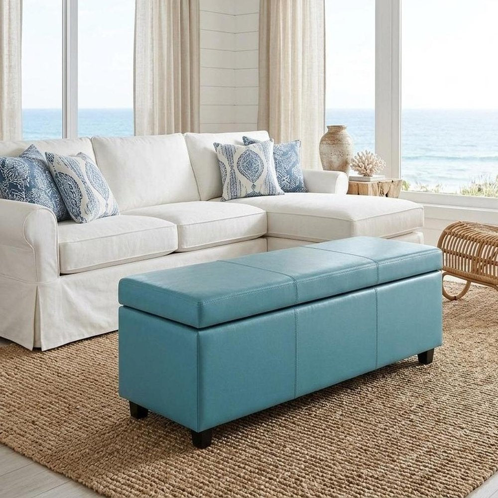 48" Aqua And Dark Brown Faux Leather Ottoman With Storage — view 9