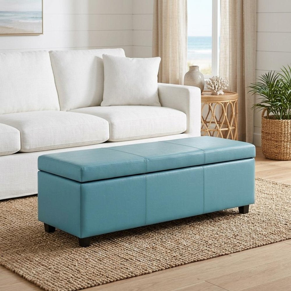 48" Aqua And Dark Brown Faux Leather Ottoman With Storage HomeRoots
