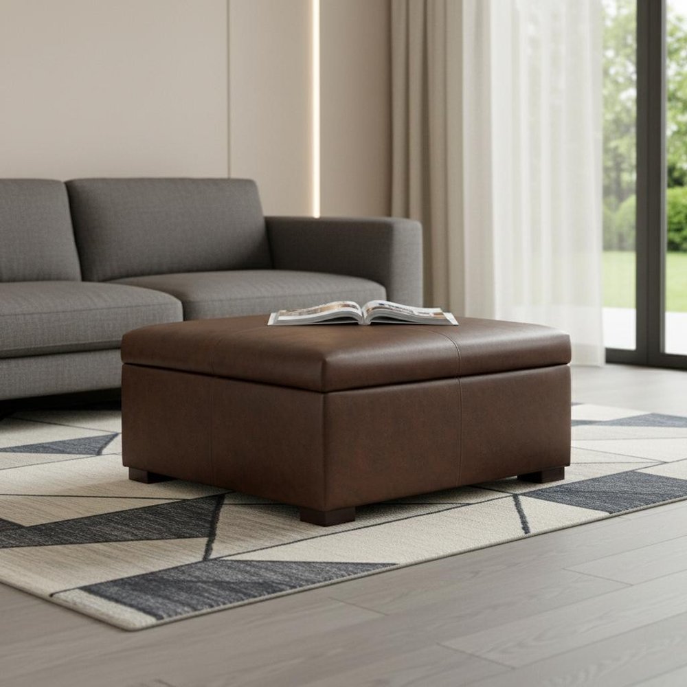 36" Chestnut And Brown And Walnut Faux Leather Ottoman With Storage HomeRoots