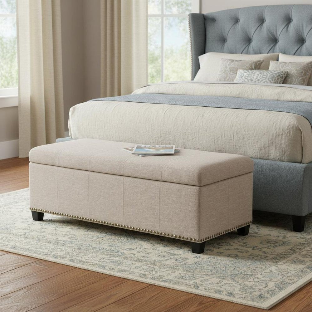 48" Beige And Dark Brown Linen Ottoman With Storage HomeRoots