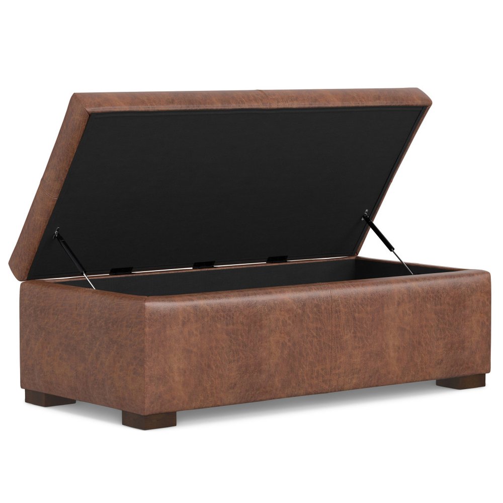48" Brown And Walnut Faux Leather Ottoman With Storage HomeRoots