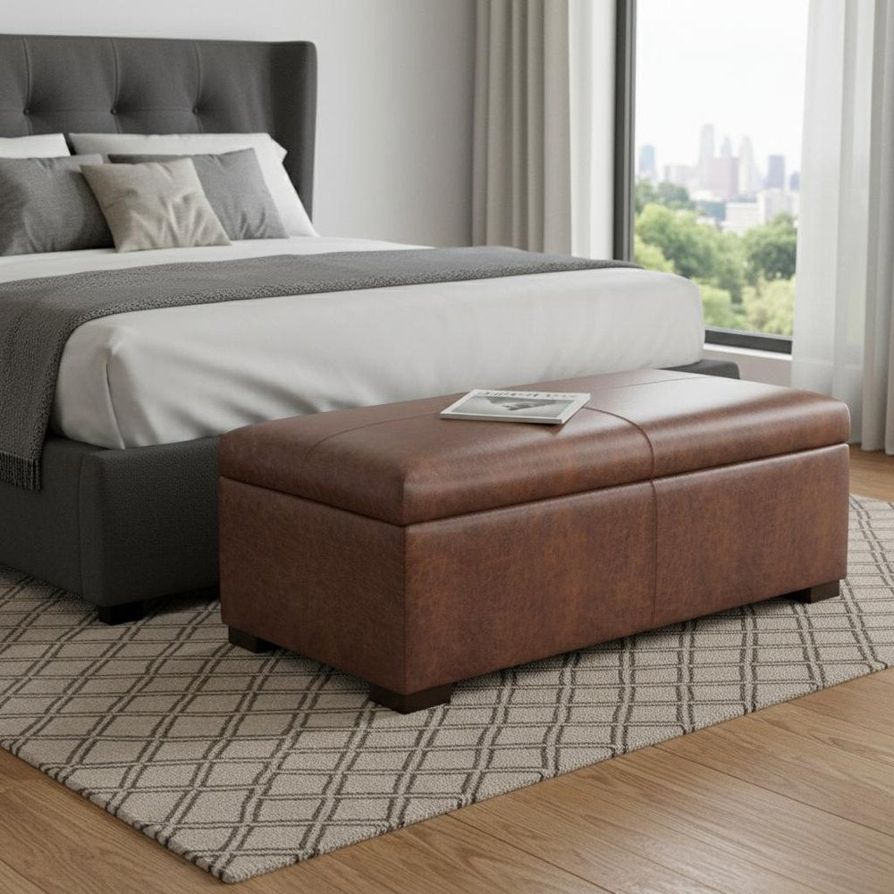 48" Brown And Walnut Faux Leather Ottoman With Storage HomeRoots