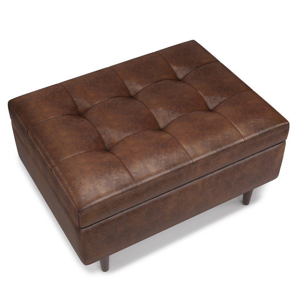 34" Chestnut And Brown Faux Leather Tufted Ottoman With Storage HomeRoots