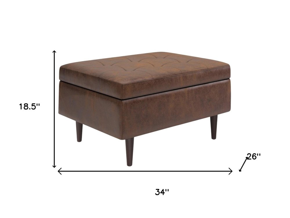 34" Chestnut And Brown Faux Leather Tufted Ottoman With Storage HomeRoots