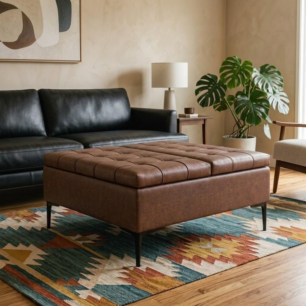 36" Brown And Black Tufted Ottoman With Storage