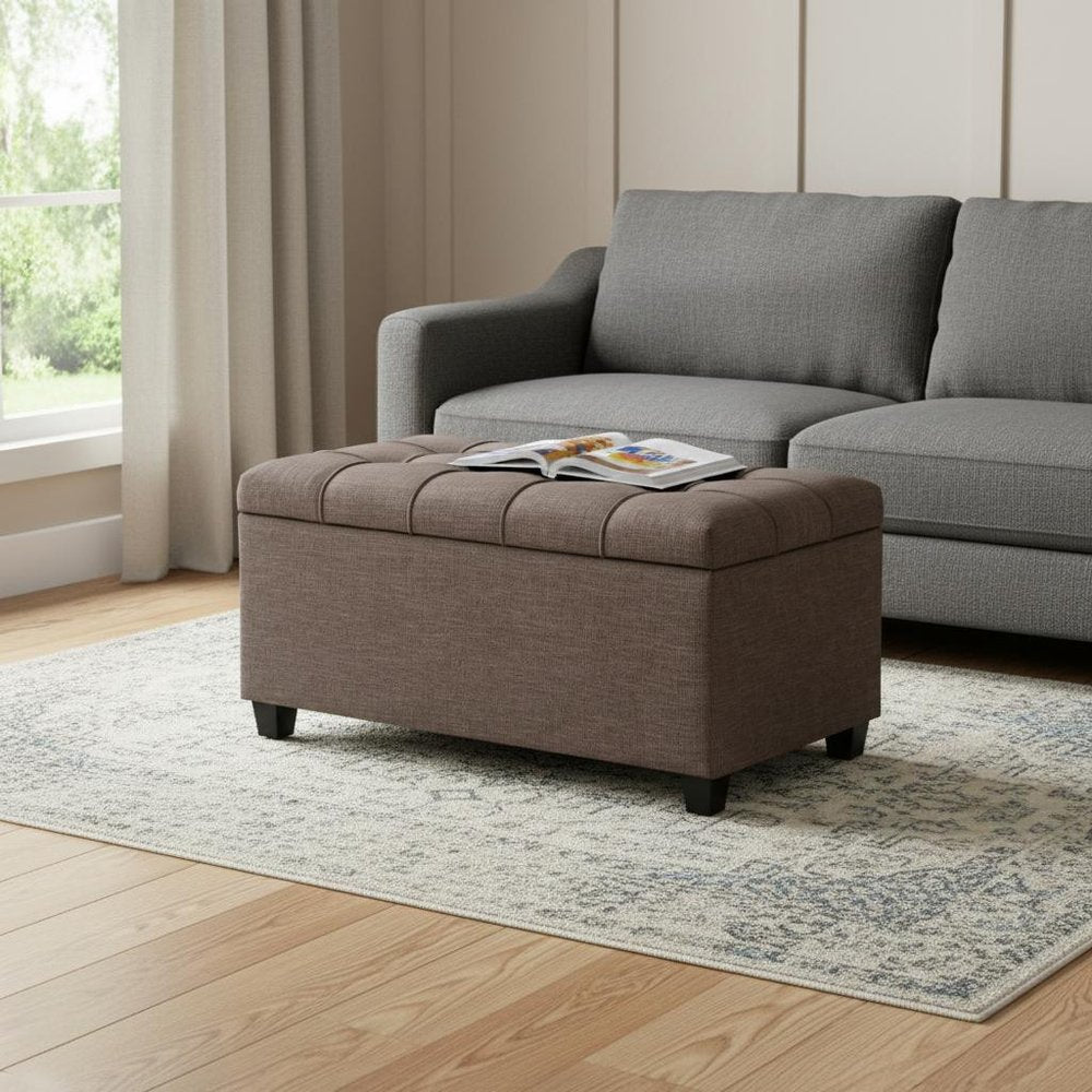33" Dark Brown And Espresso Tufted Faux Leather And Solid Wood Upholstered Storage Bench With Flip Top HomeRoots