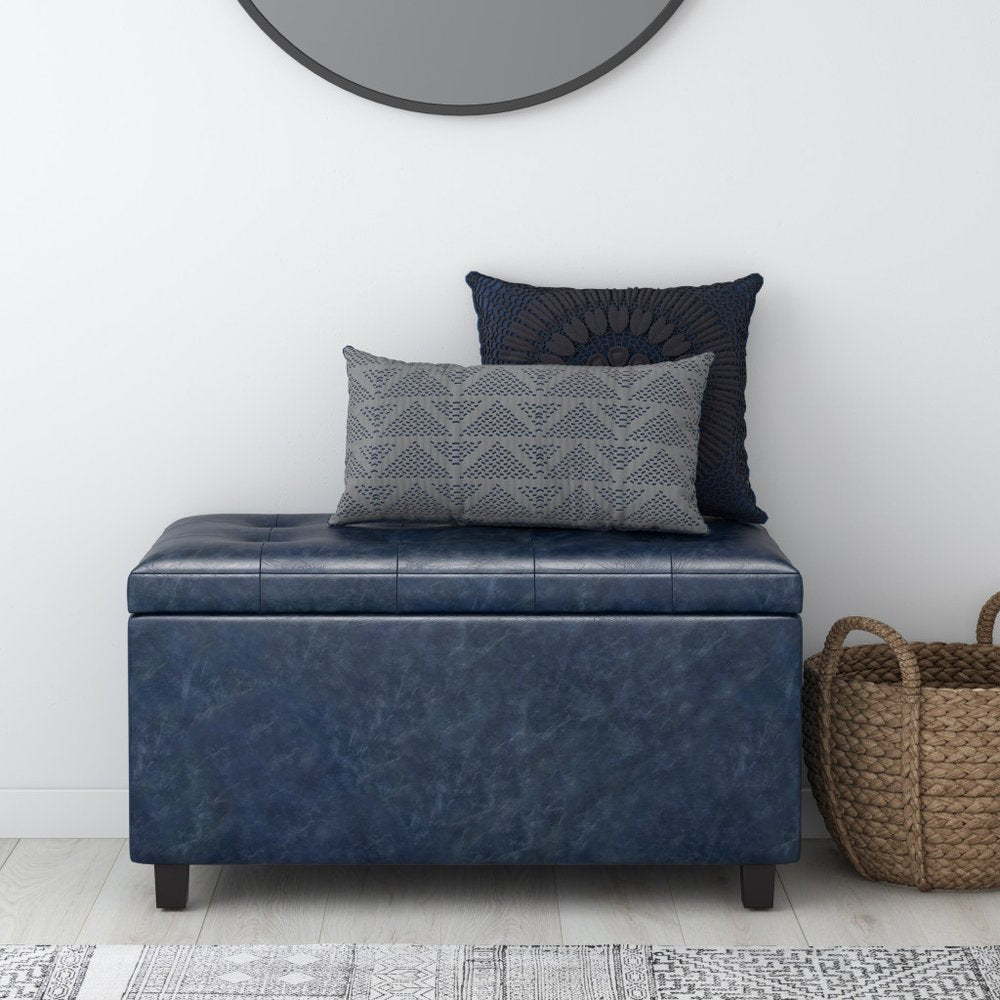 34" Denim Blue And Dark Brown Ottoman With Storage — view 2
